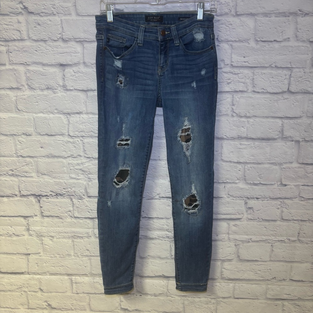 Judy Blue Jeans Womens 7/28 Blue Denim Skinny Distressed Leopard Stretch Pants